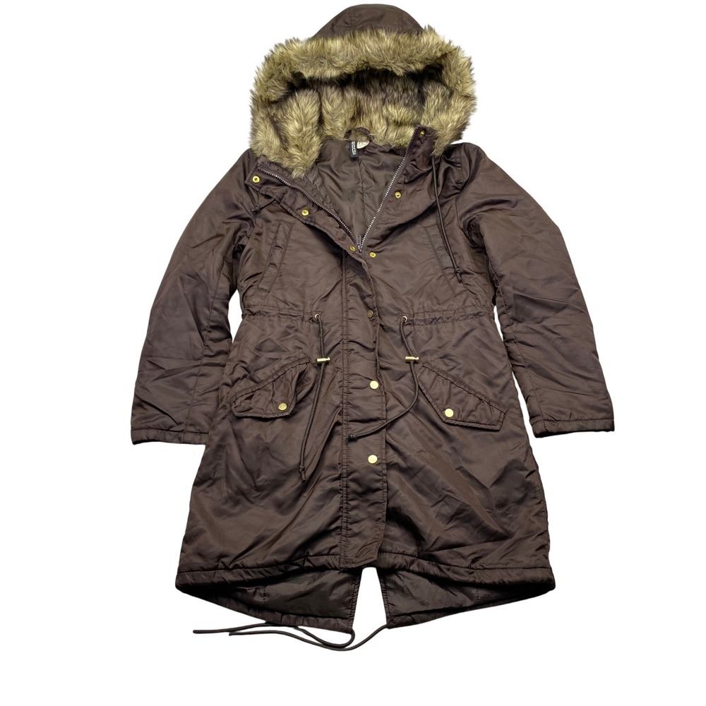 H&M‎ Divided Women Brown Faux Fur Hooded Parka Jacket Coat Size 2 Grunge